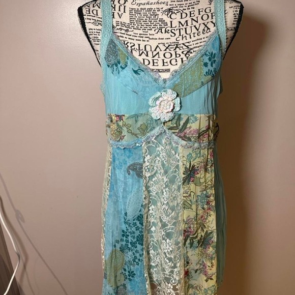 Dresses & Skirts - Fairy Blue floral patchwork dress with lace trim and beaded flower detail
